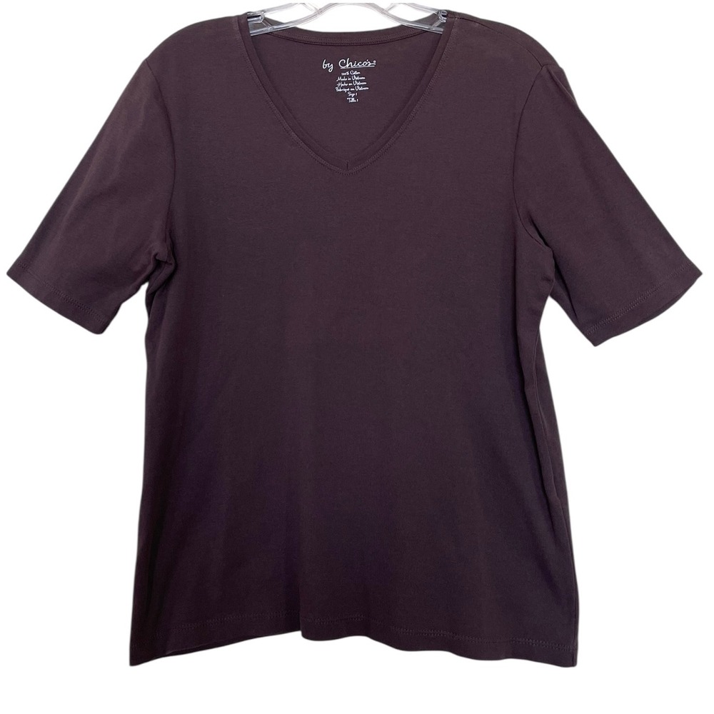 Chicos Womens Size medium Brown V-Neck Short Sleeve 100% Cotton T-Shirt Tee